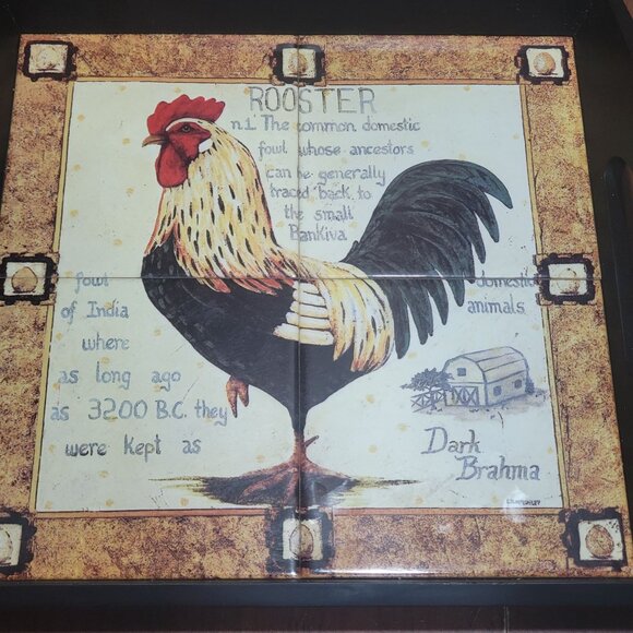 Ceramic Trivet Tile Chicken Rooster Serving Tray Cut Out Handles Wood Base Farmh - Picture 12 of 12